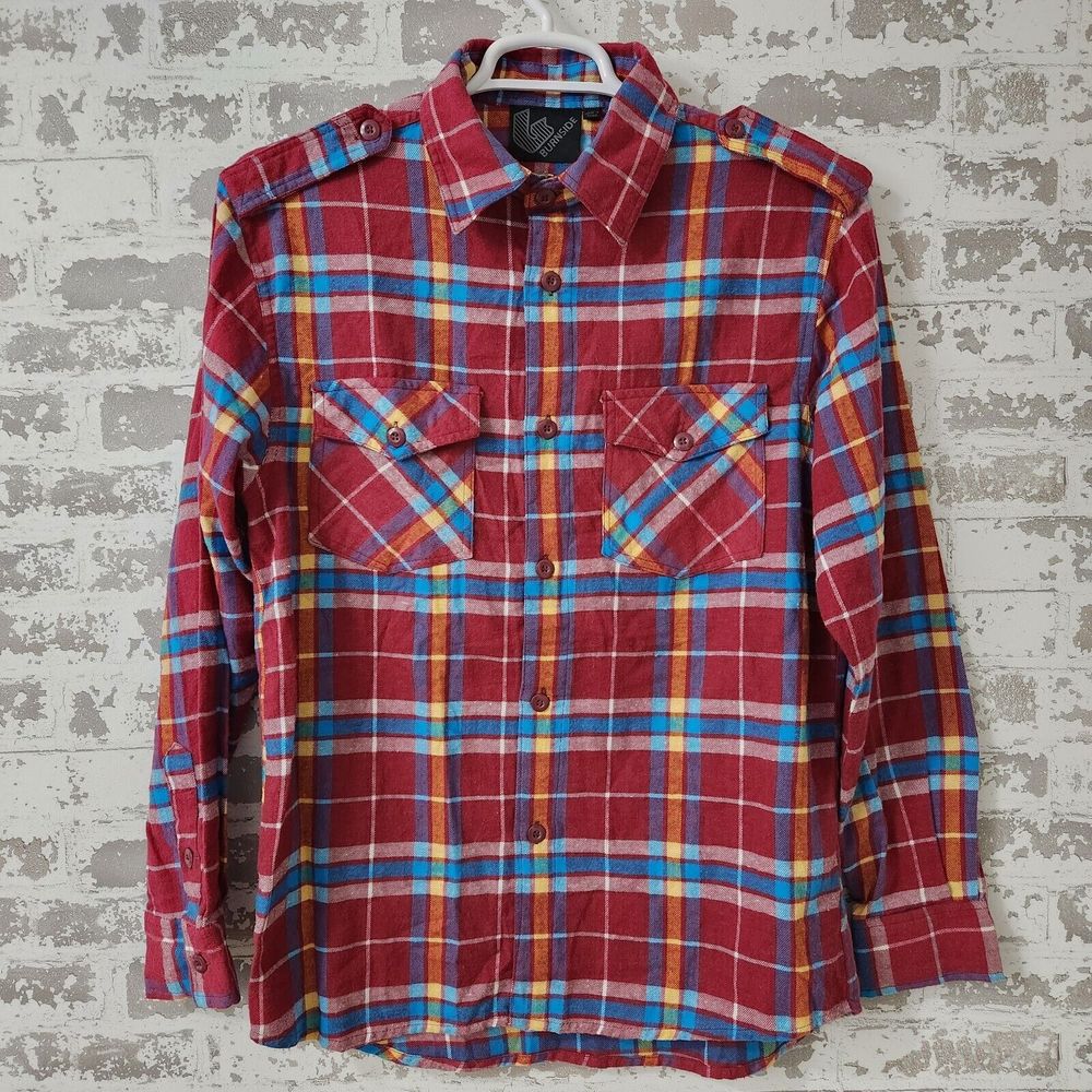 Burnside Flannel Shirt Mens Large Long Sleeve Plaid Red, Blue Yellow, & White